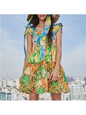 Tropical Print Ruffle-Sleeve Mini Dress Farm Rio Carpirina dress